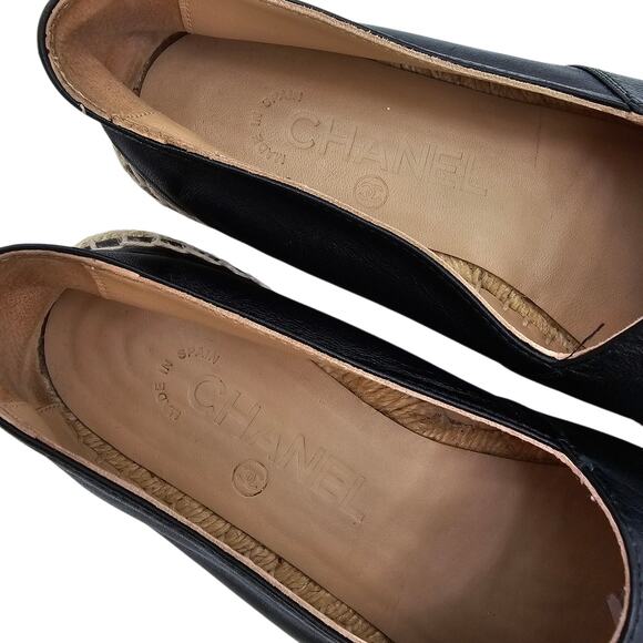 Chanel CC Logo Espadrille Slip On Flat Loafer Black Leather Size 37 US 6 6.5 - Picture 8 of 11